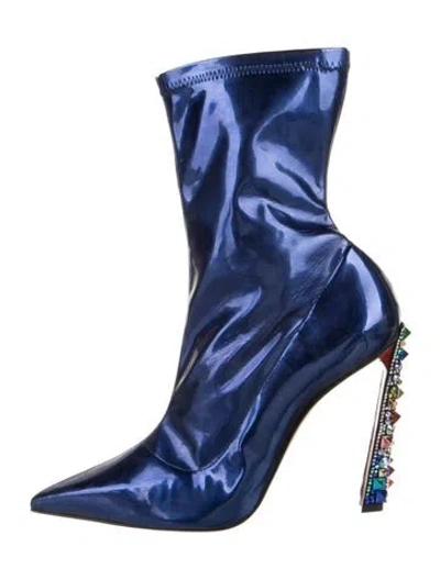 Pre-owned Christian Louboutin X Marvel Patent Leather Crystal Embellishments Sock Boots In Blue