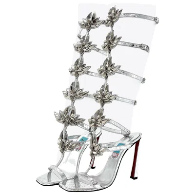 Pre-owned Christian Louboutin X Marvel Sea Warrior 100 Gladiator Knee High Sandals 40 In Gray