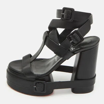 Pre-owned Christian Louboutin Yazefatt Size 37 Black Leather Platform Block Heel Ankle Strap Sandals