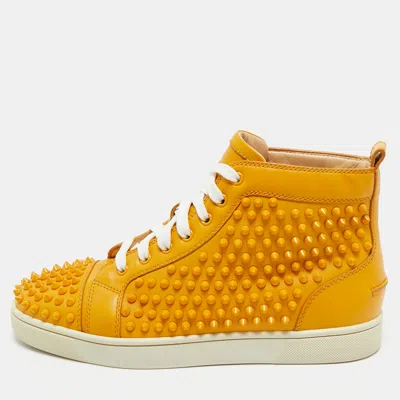 Pre-owned Christian Louboutin Yellow Leather Louis Spikes Lace Up Sneakers Size 40.5