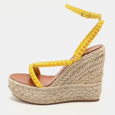 Pre-owned Christian Louboutin Yellow Patent Leather Mafaldina Zeppa Wedge Ankle Strap Sandals Size 37