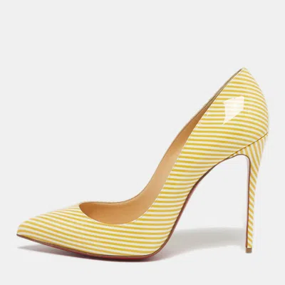 Pre-owned Christian Louboutin Yellow/white Stripes Patent Leather Pigalle Follies Pumps Size 40.5