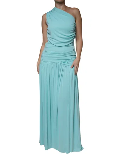 Pre-owned Christian Pellizzari Jersey Long Drape One Shoulder Women's Dress () In Blue