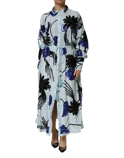 Pre-owned Christian Pellizzari Sequin Embellished Shirt Maxi Women's Dress () In Blue