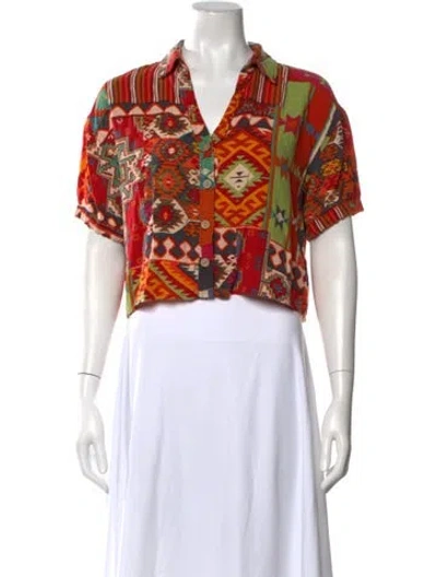 Pre-owned Christian Siriano Graphic Print V-neck Button-up Top In Green