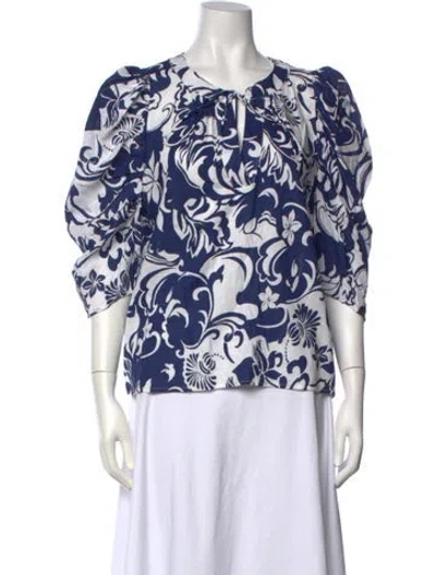 Pre-owned Christian Siriano Linen Floral Print Blouse In Blue/white