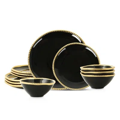 Christian Siriano New York Christian Siriano Akoya 12-piece Dinnerware Set Porcelain In Black,gold