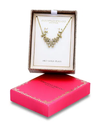 Christian Siriano New York Cubic Zirconia Baguette Round Cut Stones Floral Design Frontal Necklace And Earrings Set In Gold