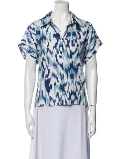 Pre-owned Christian Siriano Printed V-neck Button-up Top In Blue