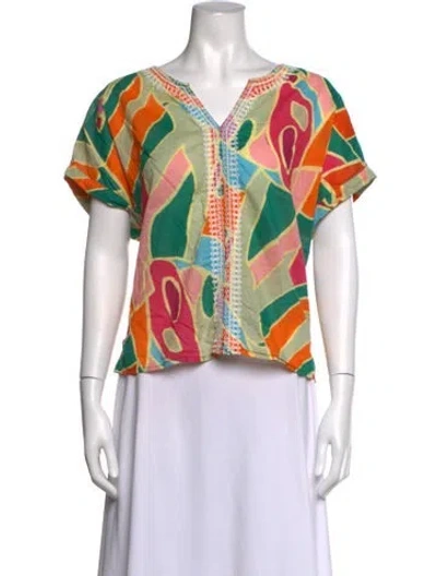 Pre-owned Christian Siriano Printed V-neck Top In Green
