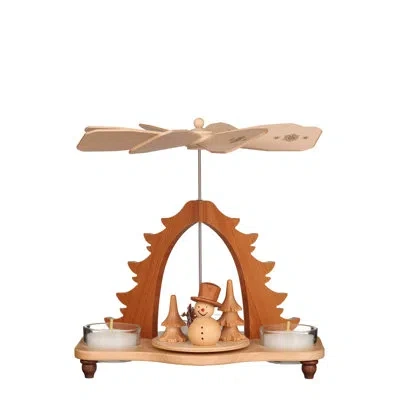 Christian Ulbricht Triangular Pyramid With Snowman, Deer And Trees Candle Holder In Natural Wood