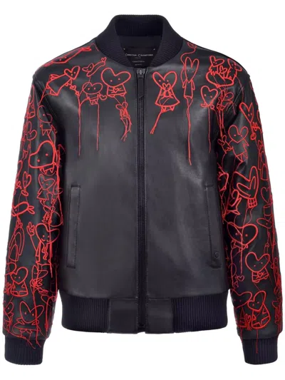 Christina Crawford Heart Embroidery Leather Bomber Jacket Clothing In Black