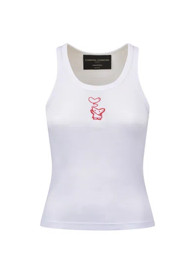 Christina Crawford White Heart Embroidered Cotton Tank Top