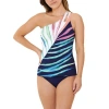 Christina Elevated Palm Keyhole One Shoulder Tankini In Navy/white