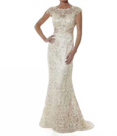 Christina Wu Pleated Waist Cap Sleeve Dress In Champagne In White