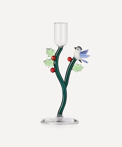 Christmas Bird And Holly Glass Candleholder