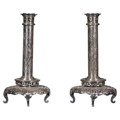 Pre-owned Christofle A Pair Of “japanese-style” Candlesticks By Maison  Paris In Silver