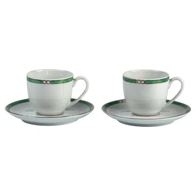 Pre-owned Christofle Alliance Green Micro Gold Porcelain Coffee Cups And Saucers, Set Of 2
