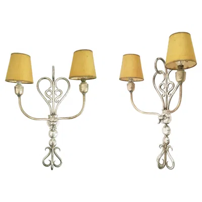 Pre-owned Christofle Italian Silver Plated Brass Deco 2-lights Sconces In Brown