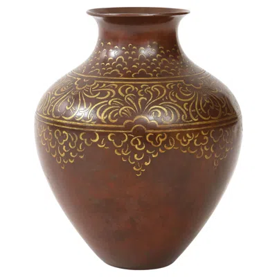 Pre-owned Christofle Luc Lanel For  Rare Art Deco Dinanderie Vase In Bronze, France, 1920s In Gold