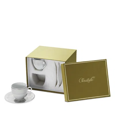 Christofle Malmaison Imperiale Platinum Espresso Cups And Saucers, Service For 2 In White