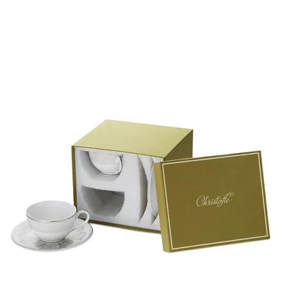 Christofle Malmaison Imperiale Platinum Teacups And Saucers, Service For 2 In White