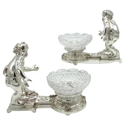 Pre-owned Christofle Pair 19th C.  Silvered Bronze Putti & Crystal Centerpieces In Gold