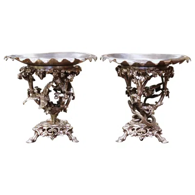 Pre-owned Christofle Pair 19th Century French Silvered Bronze  Compotes With Animal Motifs In Gold