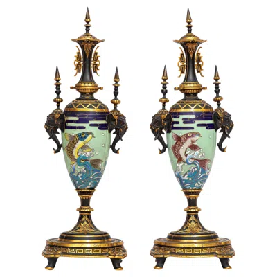 Pre-owned Christofle Pair French Japonisme Ormolu Patinated Bronze & Cloisonné Vases  & Cie In Gold