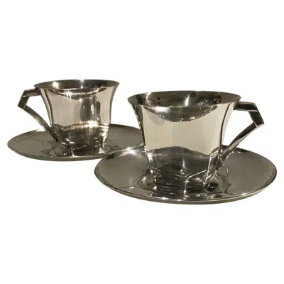 Pre-owned Christofle Pair Of Art Deco Tea Cups With Saucers By Sue & Mare For Gallia,  In Silver