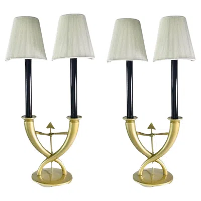 Pre-owned Christofle Pair Of Gio Ponti Art Deco Fleche Candelabra Lamps Gold Finished In Sand