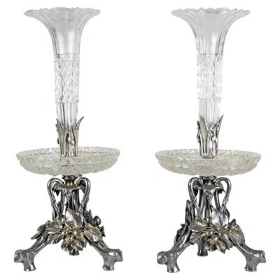 Pre-owned Christofle Pair Of Late 19th Century  Silvered Epergnes With Glass Bowls, France In Gold