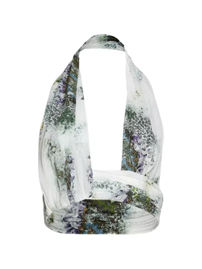 Christopher Esber Absence Cropped Printed Silk-chiffon Halterneck Top In White