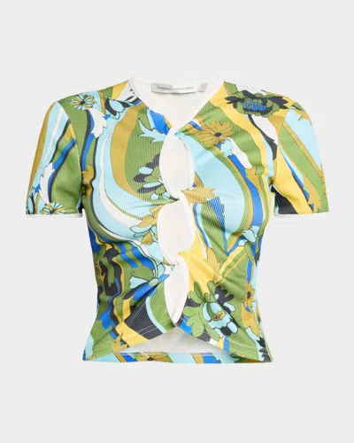 Christopher Esber Acidic Floral Twisted Keyhole T-shirt In Green