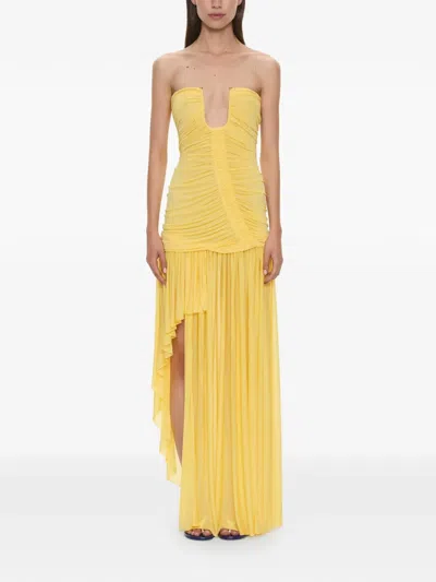 Christopher Esber Arced Orion Strapless Ruched Asymmetric Dress In Yellow