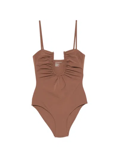 Christopher Esber Arced Ruched Swimsuit In Brown