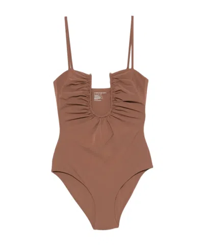 Christopher Esber Arced Ruched Swimsuit In Brown