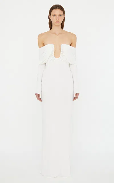 Christopher Esber Arched Palm Strapless Shawl Gown In White