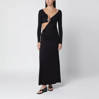 Christopher Esber Asymmetric Long Sleeve Jersey Slip-on Dress With Natural Stone Hardware In Black