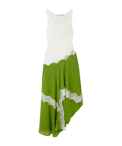 Christopher Esber Asymmetric Lace-trimmed Ruched Stretch-jersey And Crepe Dress In Green