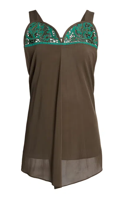 Christopher Esber Bac Lasercut Lace Jersey Leather Tank Top In Brown