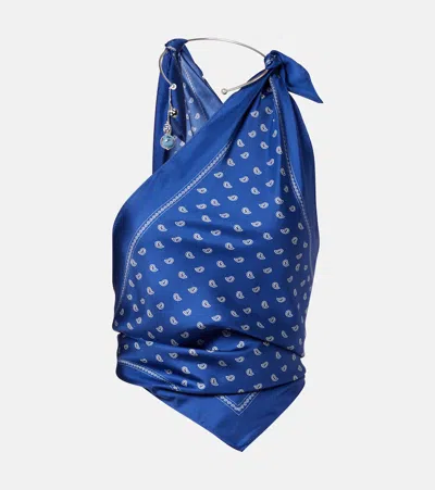 Christopher Esber One-shoulder Embellished Bandana-print Silk Top In Blue