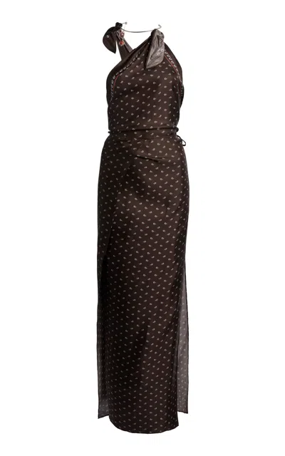 Christopher Esber Bandana Scarf Tie One-shoulder Silk Maxi Dress In Brown