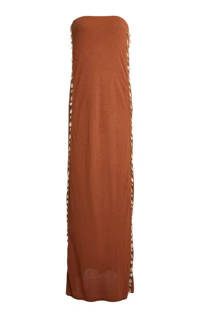 Christopher Esber Beach Shell Strapless Cotton Maxi Dress In Brown