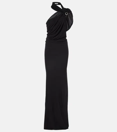 Christopher Esber Bezel Quartz One-shoulder Draped Jersey Gown In Black