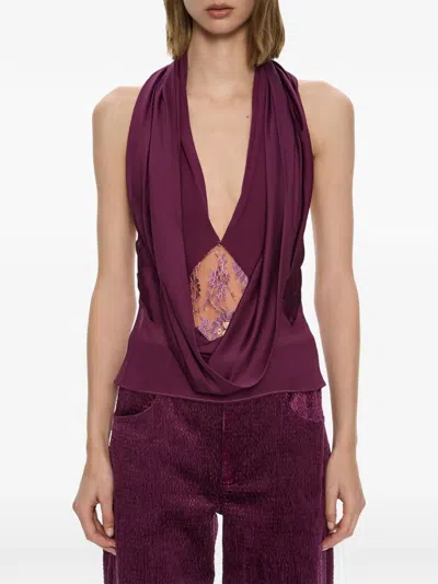 Christopher Esber Cesura Cowl Lace Halter Top In Purple