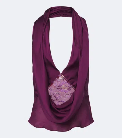 Christopher Esber Cesura Lace-trimmed Halterneck Silk Top In Purple