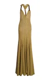 Christopher Esber Chime Wood-detailed Chevron-knit Maxi Dress In Gold