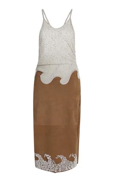 Christopher Esber Corrode Knit-suede Halter Midi Dress In Tan