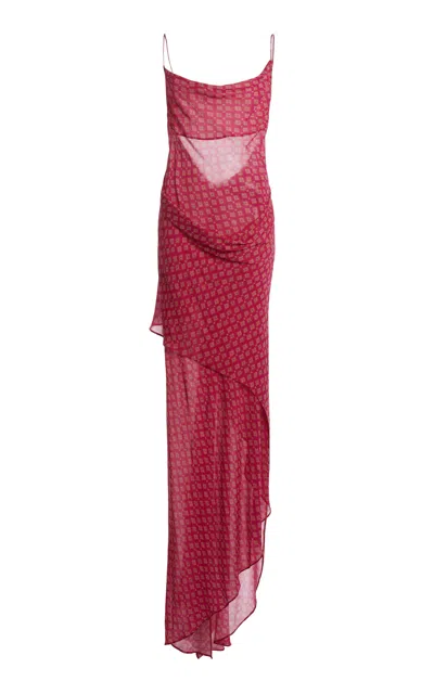 Christopher Esber Cowl Hip Slip Print Silk Maxi Dress In Red